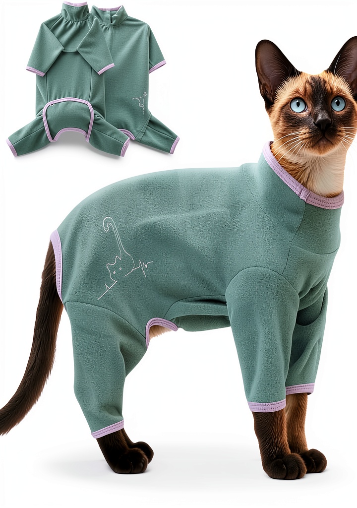 DENTRUN cat recovery suit being worn by a cat in a home setting