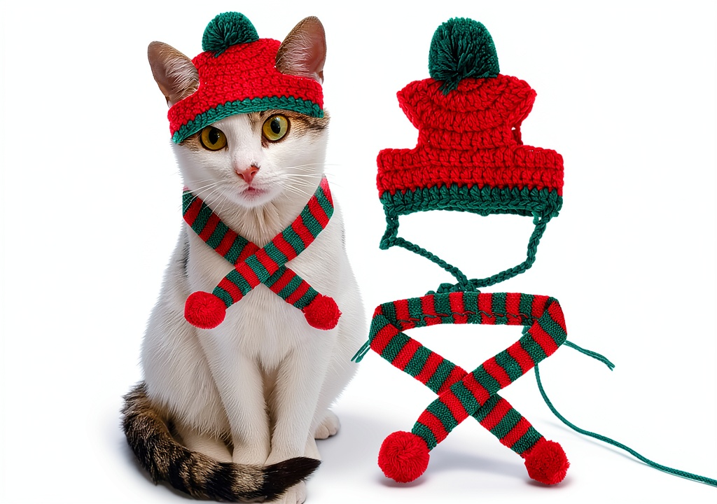 Cat wearing Pawskido winter hat and scarf in a festive setting