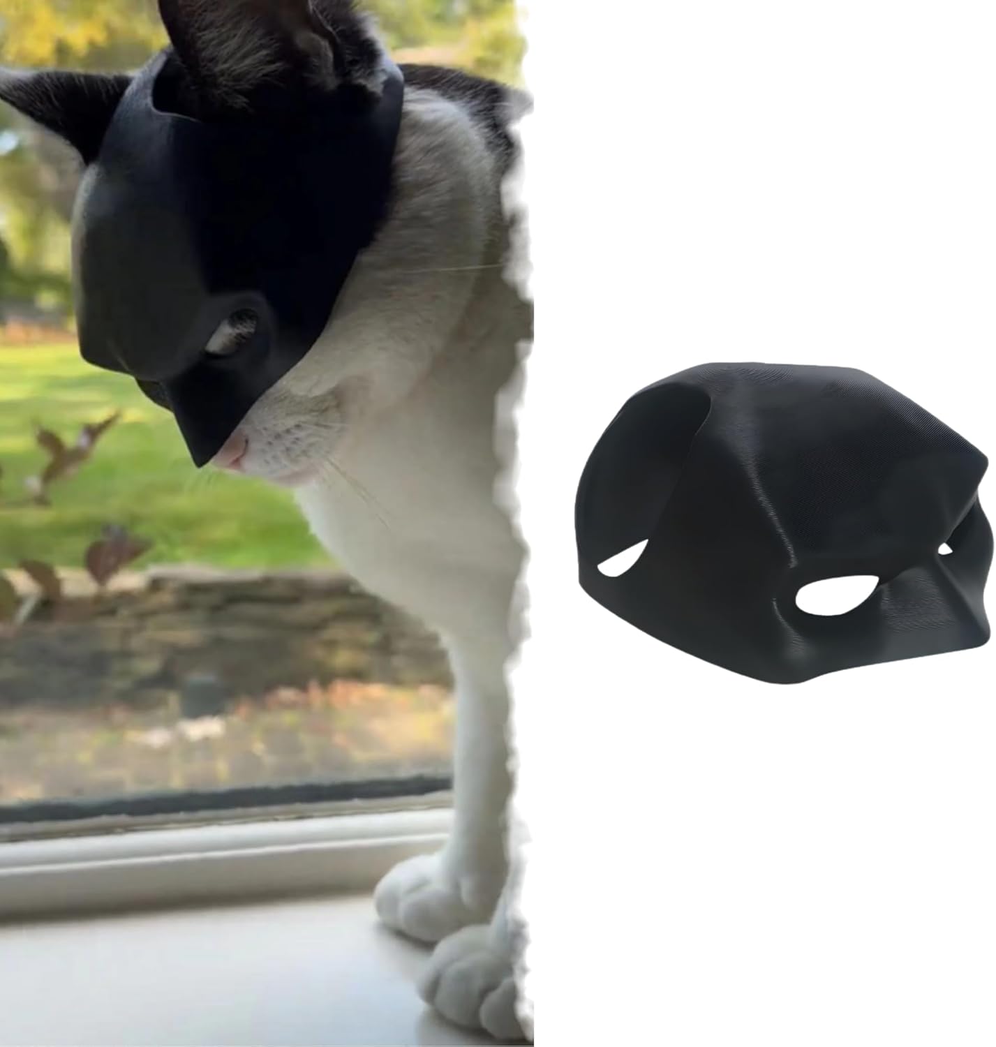Cat wearing the Yipintang Bat Mask in a playful indoor setting