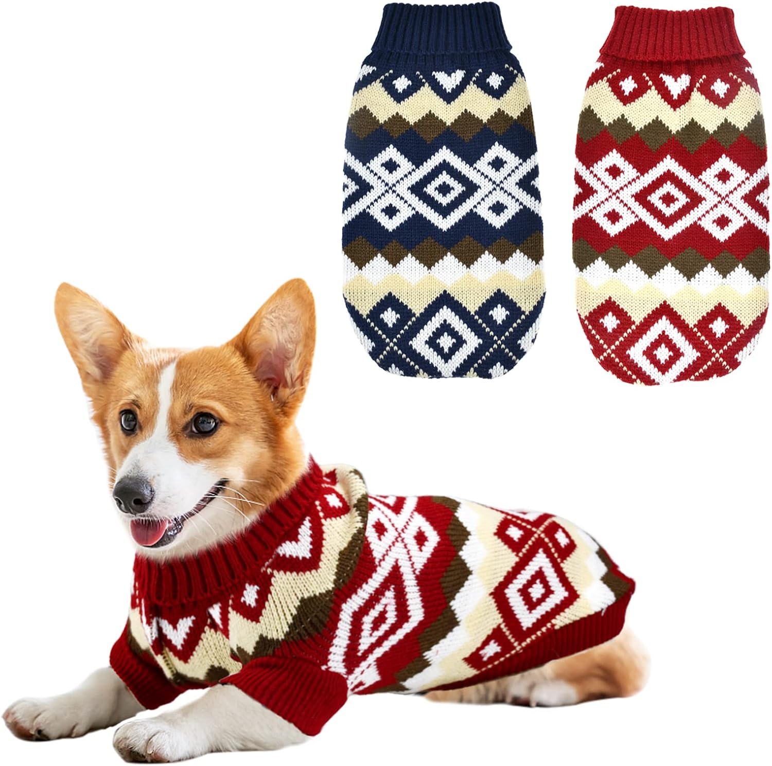 Vehomy dog sweater on a small dog in a winter setting