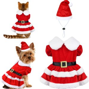 PAYHTOW Dog Christmas Outfit Santa Dress Hat Pet Costume-0
