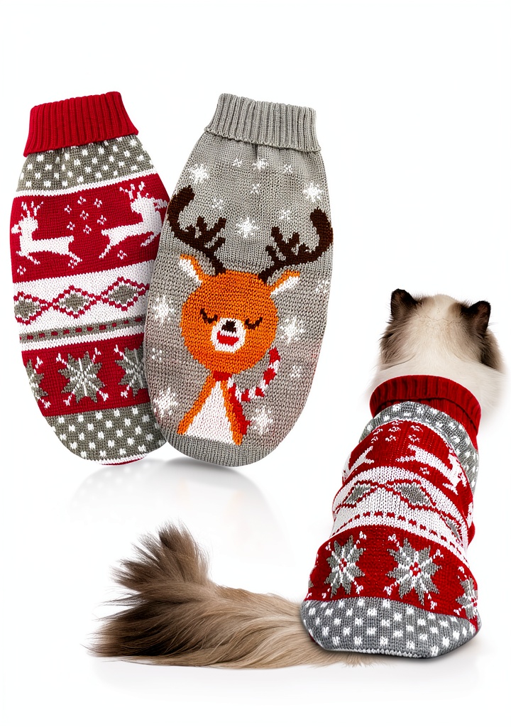 Cat wearing HYLYUN Christmas sweater in a holiday setting